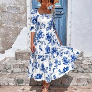 SHEIN Aveloria Women Summer Vacation Style Random Plant Printed Mid-Sleeve Dress